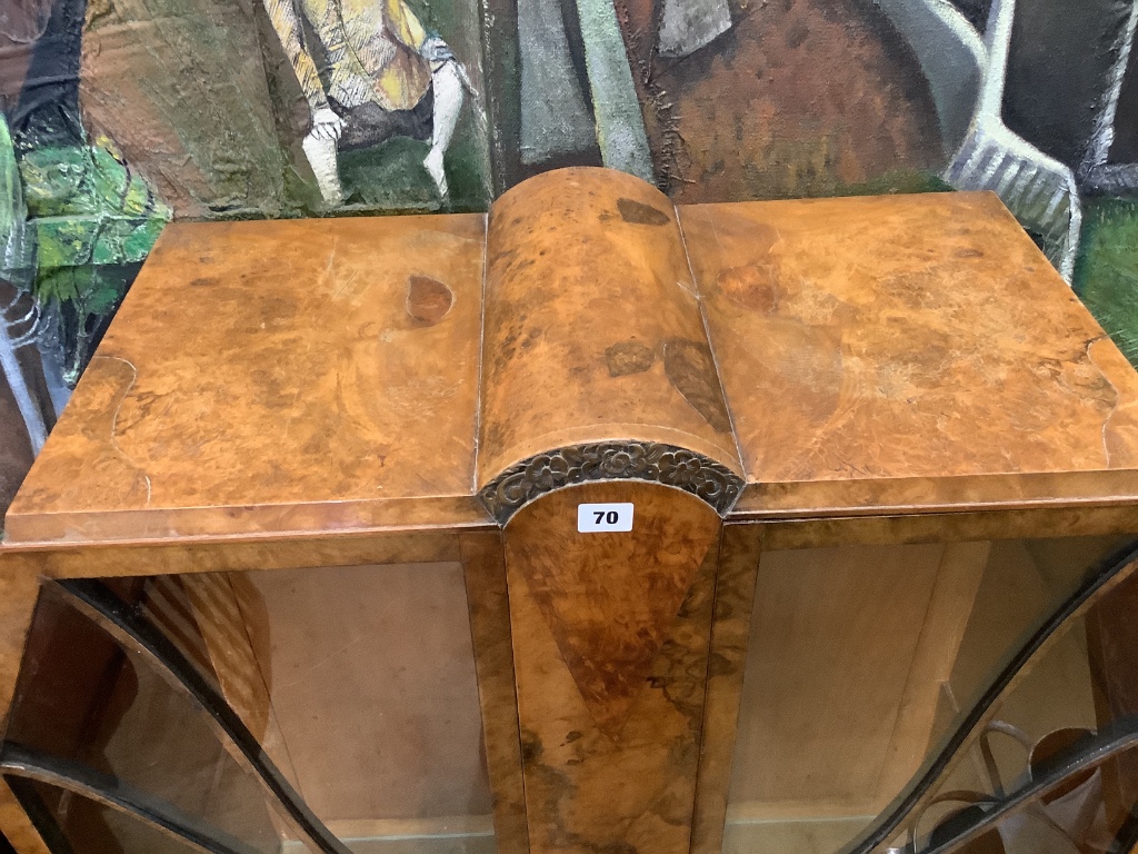 An Art Deco burr walnut display cabinet, width 90cm depth 36cm height 124cm